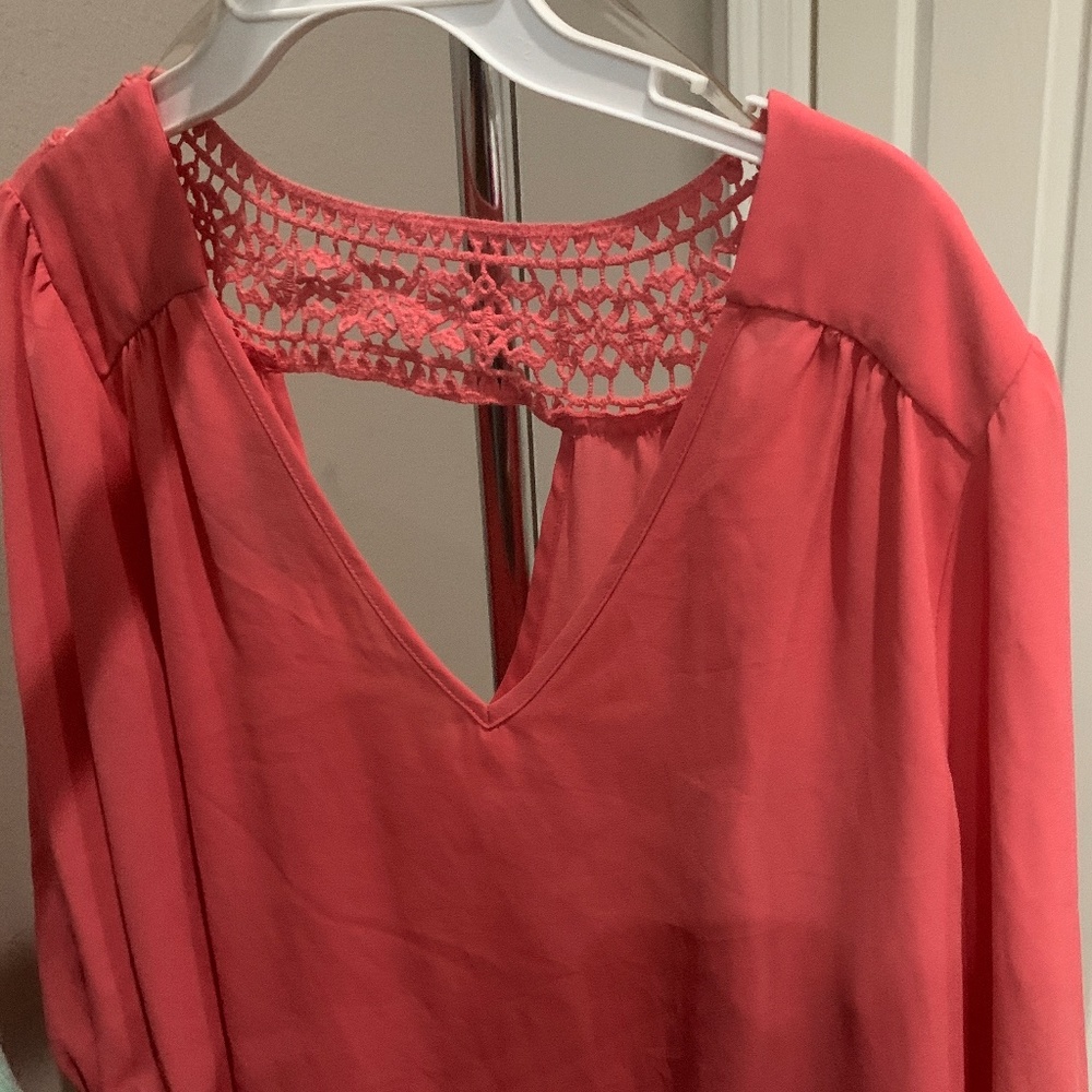 Beautiful blouse from A.Byer at Macys. Crochet neck and very flattering on jeans